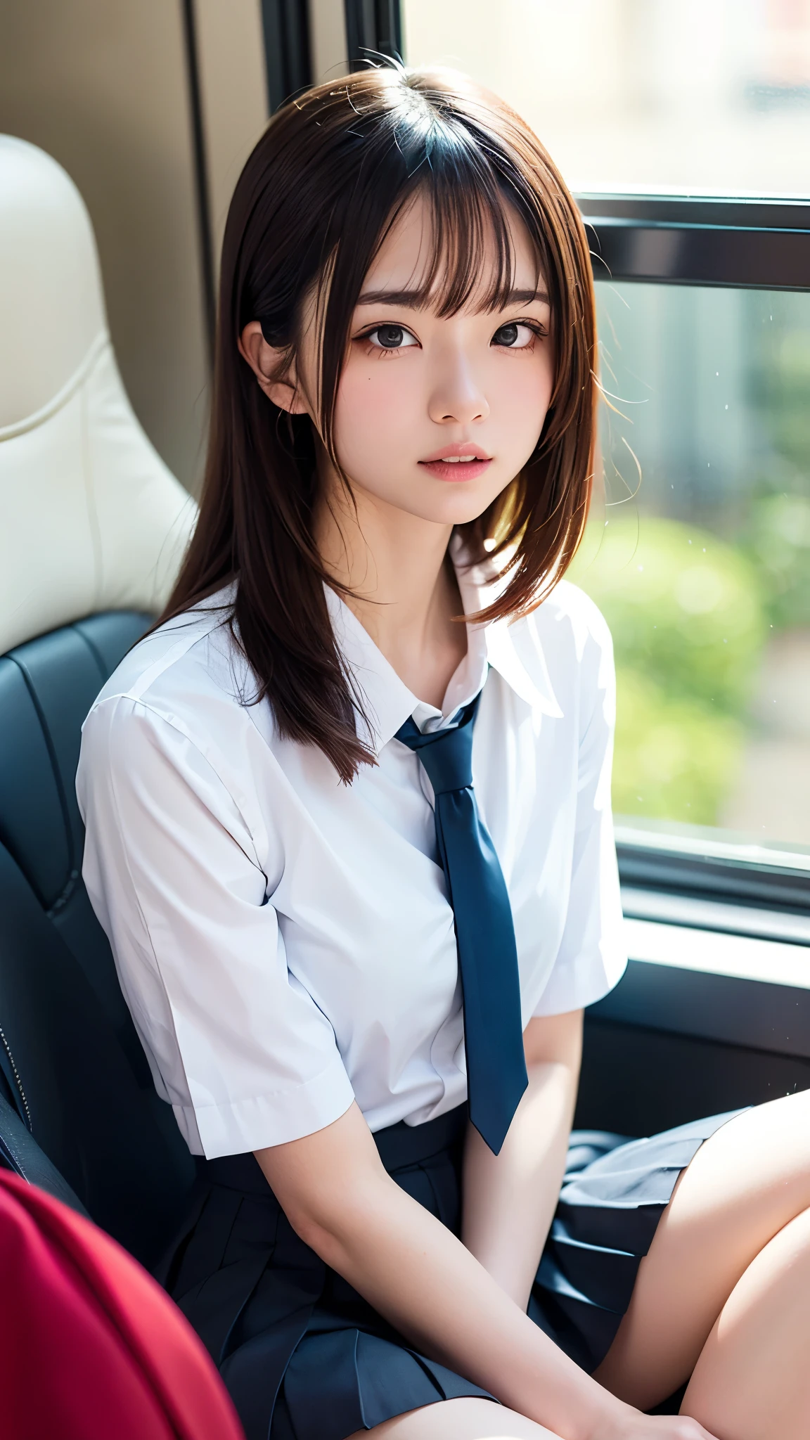 (masterpiece, Highest quality:1.2), 8K, 15 years, 85mm, Official Art, RAW Photos, Absurd, White dress shirt, Pretty face, close, Upper Body, violet, Gardenia, beautiful girl, , (Navy Pleated Skirt:1.1), Squeeze the waist, Thighs, Short sleeve, in the train, sit on bench seat, View your audience, No makeup, (smile:0.4), Film Grain, chromatic aberration, Sharp focus, Face Light, Bright lighting, Teen, Detailed face, Bokeh Background, (Dark red tie:1.1)