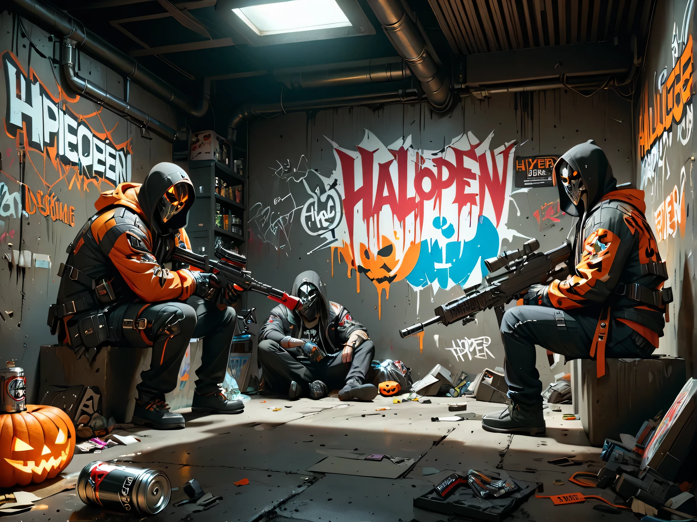 cinematic frame, dramatic lighting, Crazy, Three men sitting on a trainer in a dirty room with concrete walls, text on rocks, which states: "Halloween", Flamethrower, rifle, dynamic pose , beer cans on the ground dimly lit, Mask, garbage, Phyllite, neon lights, walls, covered with graffiti  (masterpiece:1.2), Best quality, (hyper-detailed, as detailed as possible:1.2), high resolution textures, (masterpiece:1.2), Best quality, (hyper-detailed, as detailed as possible:1.2), high resolution textures