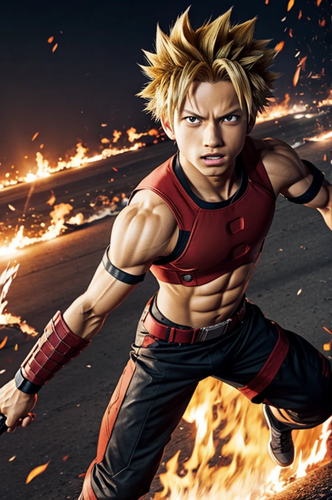 Dicas: Tiro de corpo inteiro, design de personagem do jogo, homem com uma cicatriz no peito, Kenjiro, personagem Hokuto Shinken, movimento de assinatura Bruce Lee, retrato, rua da cidade deserta (fundo), low angle - AR 16:12 - Expression of style, bombado.