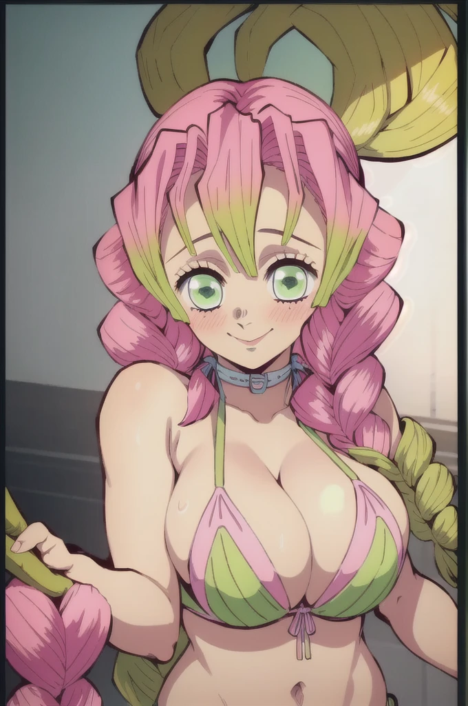 (masterpiece, best quality),  intricate details,
MitsuriKanroji,  kanroji mitsuri, 1girl, solo, long hair, winking, green eyes, pink hair, braid, green hair, twin braids, smile, cute smile, blushed smile, blush, blushing, large breast, huge breasts, bikini top, collarbone, neck, bare shoulders, pink bikini top, cleavage, top angle, shot from above, perfect shot, plain background, white background, photoshoot, complete head in frame, zoomed out, top of head, perfect shot, perfect framing, background 