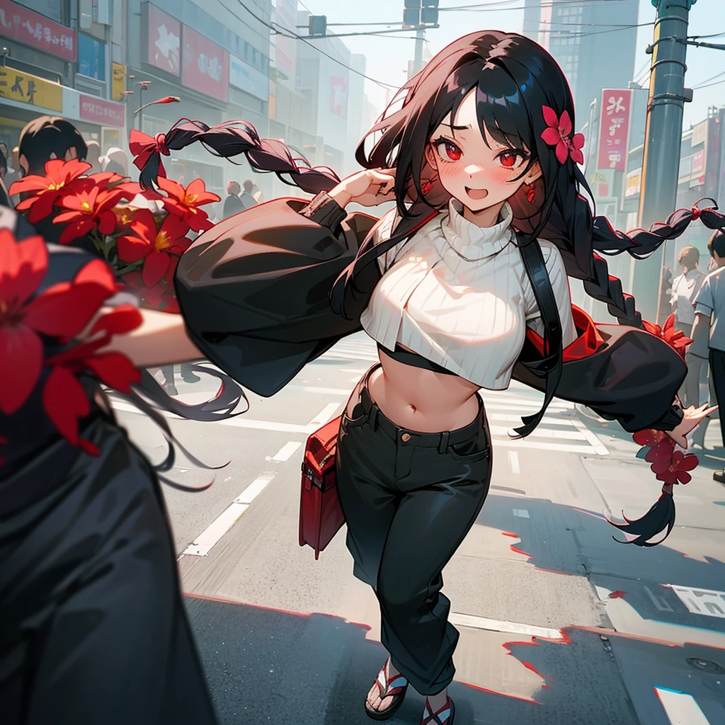 1female, sexy, young teen, finely detailed red eyes, wild long hair, braided hair, flower in hair, black hair color, crop top sweater, baggy pants, standing on streets, day time, tokyo streets, excited expression, flowers, blushing