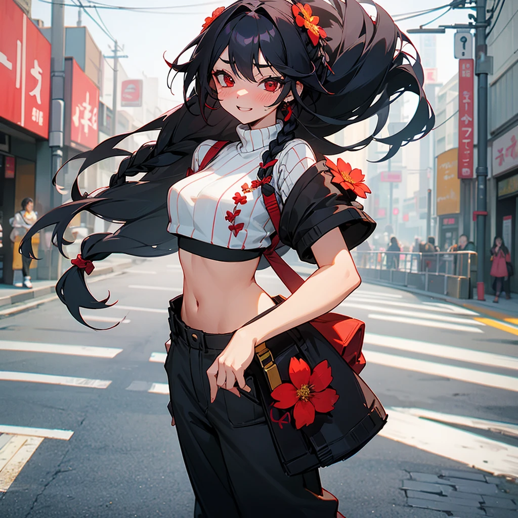 1female, sexy, young teen, finely detailed red eyes, wild long hair, braided hair, flower in hair, black hair color, crop top sweater, baggy pants, standing on streets, day time, tokyo streets, excited expression, flowers, blushing