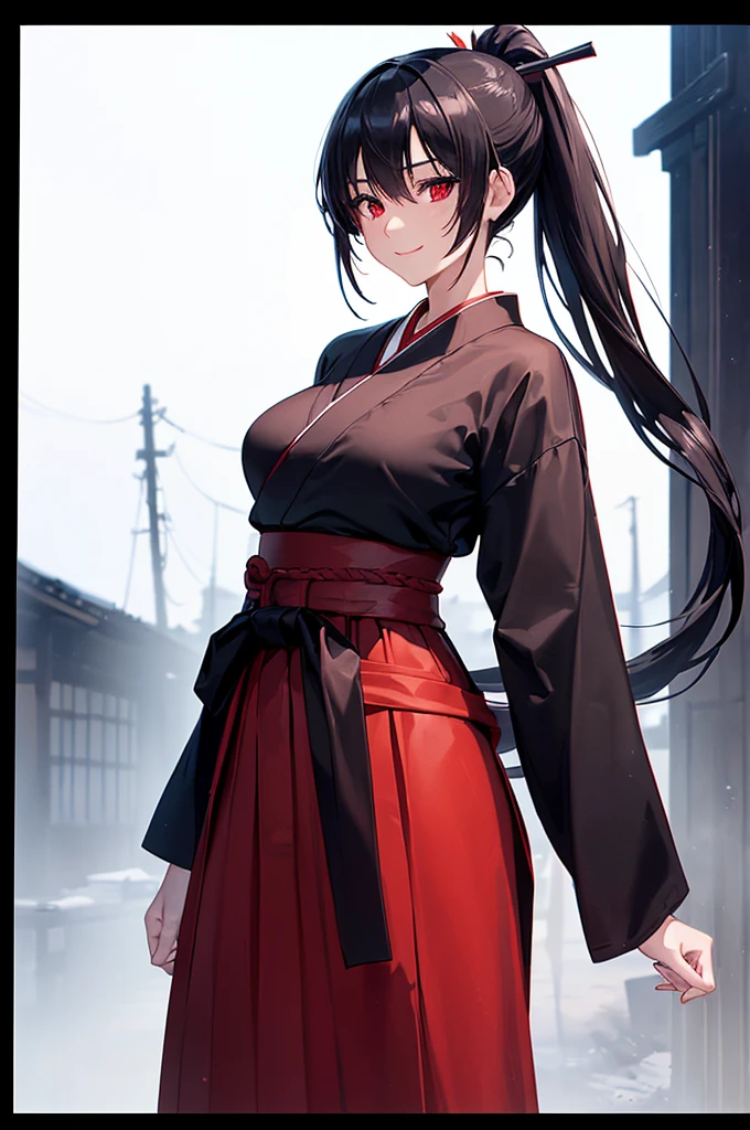 (masterpiece; best quality: 1.2), (finely detailed eyes: 1.3), ((25 year old woman)), ((solo)), (red eyes: 1.4), (body; lithe, slender, femenine: 1.3), (black hair in ponytail: 1.3), (beautiful and clear background: 1.2), ((depth of field)), (clothes: ronin attire + black-and-white hakama + red sash: 1.3), (anime illustration: 1.2), (background composition; kendo dojo + night time: 1.1), (extremely fine and beautiful: 1.1), (shot composition; standing + centered on torso + close-up: 1.5), (expression; calm, smile: 1.2)