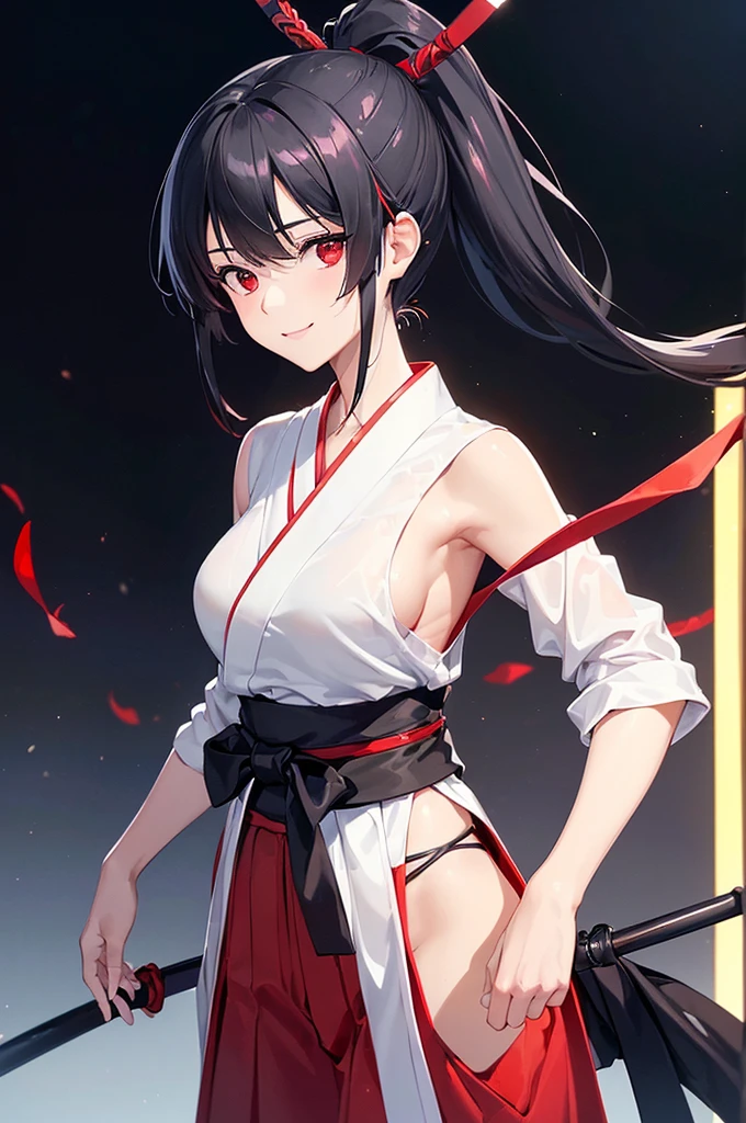 (masterpiece; best quality: 1.2), (finely detailed eyes: 1.3), ((25 year old woman)), ((solo)), (red eyes: 1.4), (body; lithe, slender, femenine: 1.3), (black hair in ponytail: 1.3), (beautiful and clear background: 1.2), ((depth of field)), (clothes: ronin attire + black-and-white hakama + red sash: 1.3), (anime illustration: 1.2), (background composition; kendo dojo + night time: 1.1), (extremely fine and beautiful: 1.1), (shot composition; standing + centered on torso + close-up: 1.5), (expression; calm, smile: 1.2)