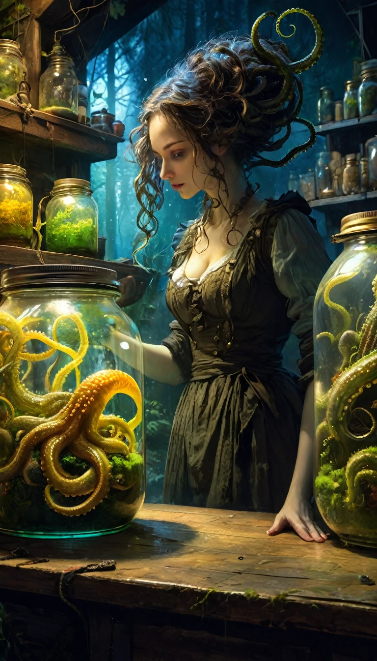 a sexy girl tends the store at the counter, fantastic store, Fantasy world, dark, disturbing, strange, unnatural, (Rembrandt Lighting: 1.3) light particles, lens flares, store with several tentacles inside large jars, , a woman shopping, live tentacles for sale inside jars, side chest, forest cat on stage, close-up of the upper part of the body, artistic masterpieces that will go down in history, fantastic backgrounds, memorable scenes, fantastic angles (masterpiece : 1.2), (best quality: 1.2), intricate details, newest, AI generated (Bill Sienkiewicz inspired art, intricate details, oil painting) (best quality,4k,8k,highres,masterpiece:1.2),ultra-detailed,(realistic,photorealistic,photo-realistic:1.37),intricate details,vivid colors,sharp focus,professional,Dave McKean artwork, oil touch of surrealism,oil painting style
