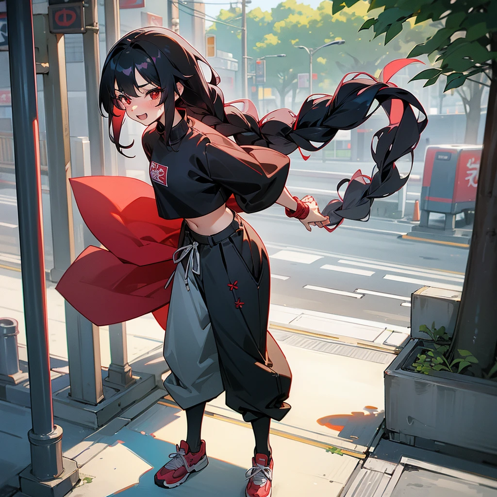 1female, sexy, young teen, finely detailed red eyes, wild long hair, braided hair, black hair color, crop top sweater, baggy pants, standing on streets, day time, tokyo streets, excited expression, flowers, blushing