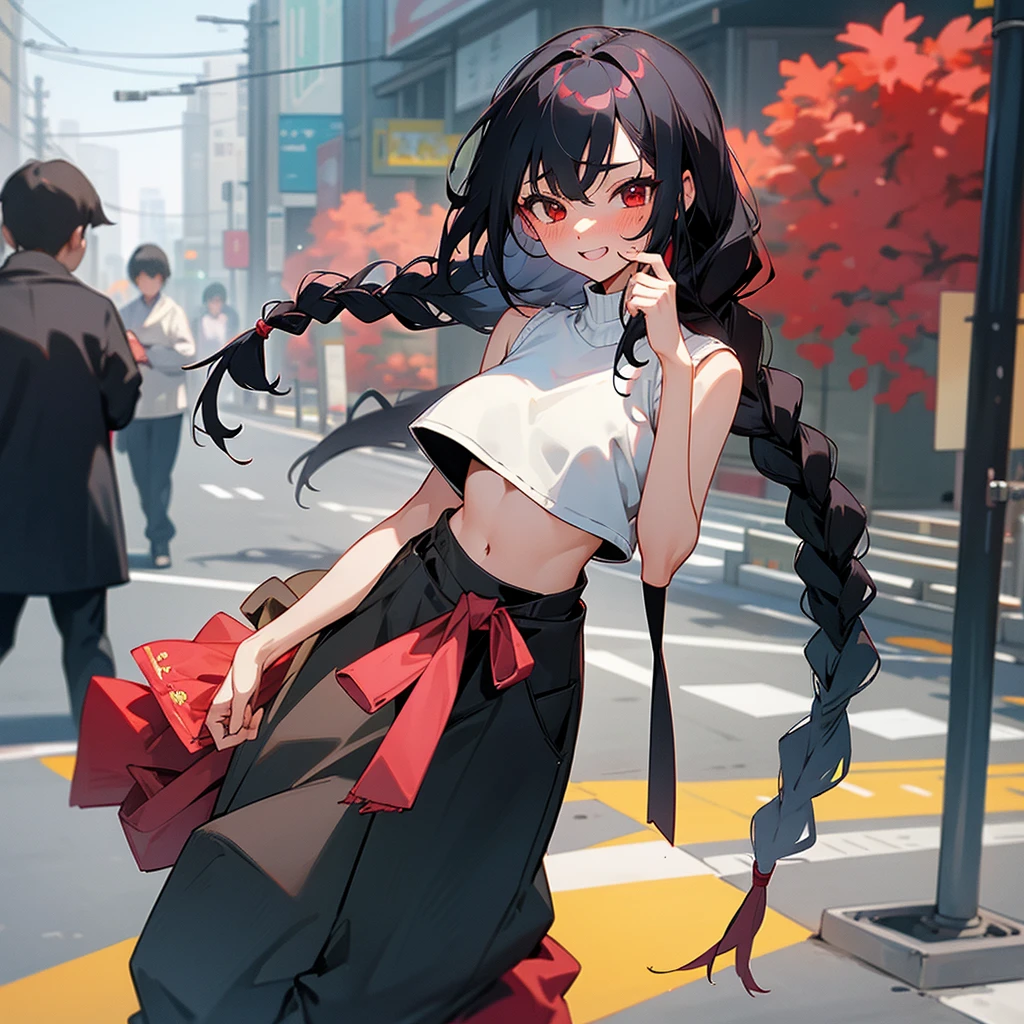 1female, sexy, young , finely detailed red eyes, wild long hair, braided hair, black hair color, crop top sweater, baggy pants, standing on streets, day time, tokyo streets, excited expression, flowers, blushing