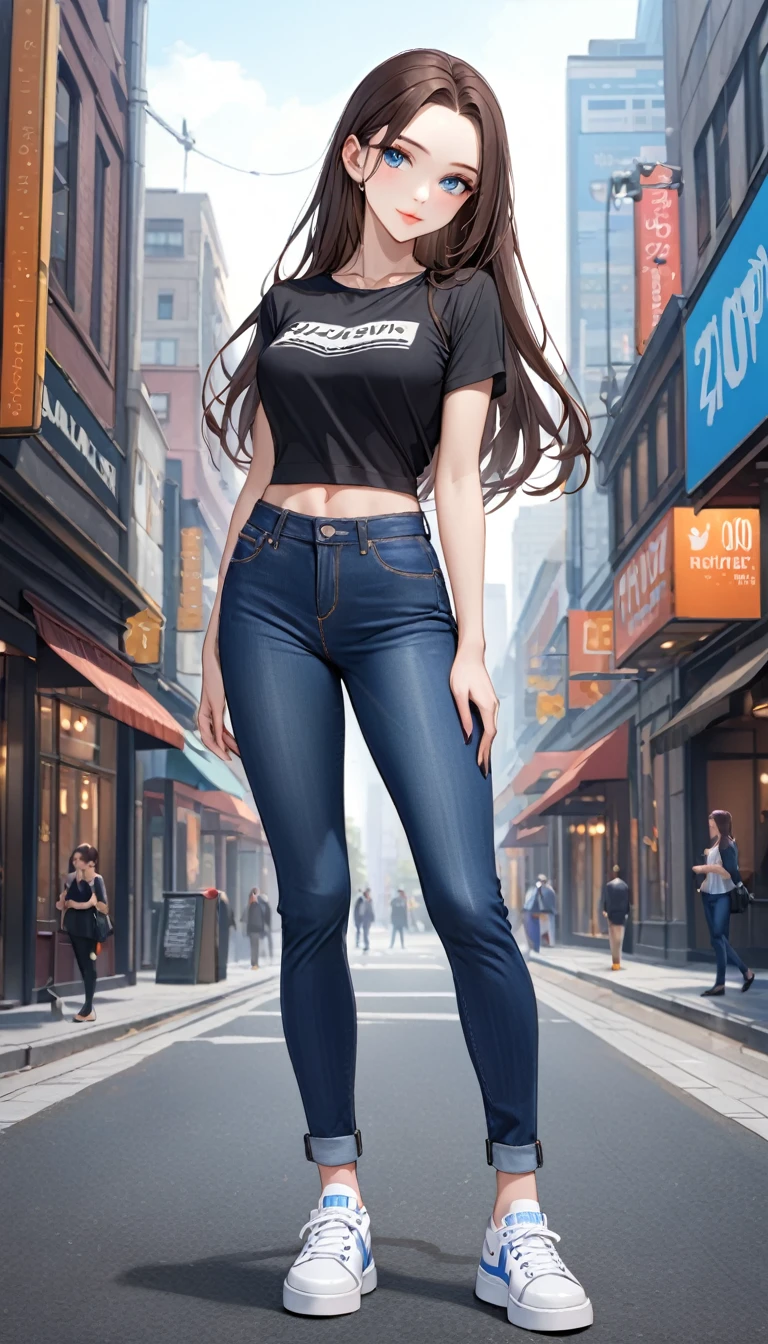((best quality, masterpiece:1.3, 8K)), (detailed), highly detailed face and skin texture, detailed eyes, downtown, full body, seductive pose, slender body, 1girl, 25 years old, white skin, blue eyes, bright lips, seductive smile, dark brown hair, straight hair, very long hair, (forehead:1.0), black blouse top, short sleeves, jeans pants, skinny jeans, dark blue jeans, white sneakers, 