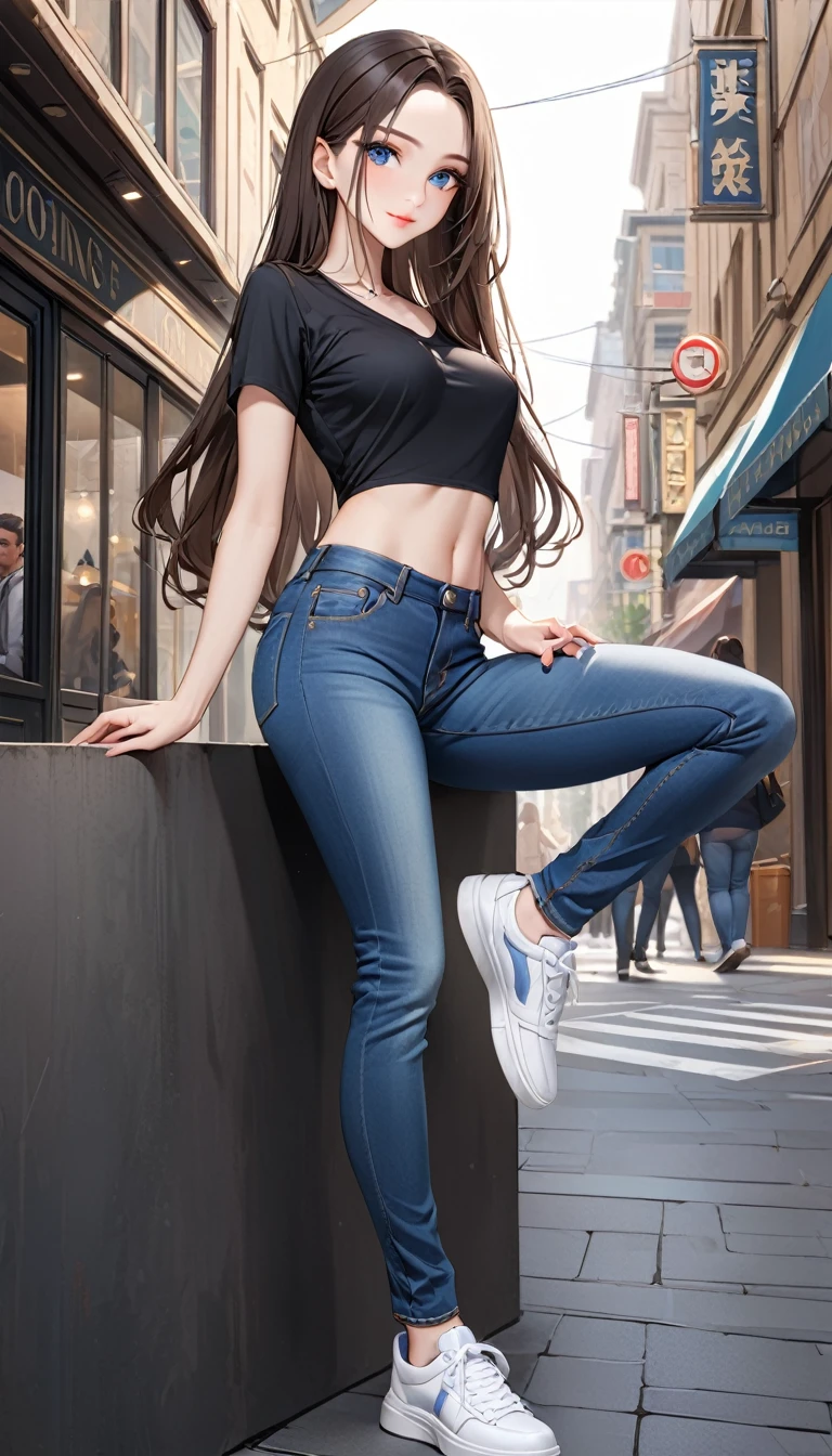 ((best quality, masterpiece:1.3, 8K)), (detailed), highly detailed face and skin texture, detailed eyes, downtown, full body, seductive pose, slender body, 1girl, 25 years old, white skin, blue eyes, bright lips, seductive smile, dark brown hair, straight hair, very long hair, (forehead:1.0), black blouse top, short sleeves, jeans pants, skinny jeans, dark blue jeans, white sneakers,