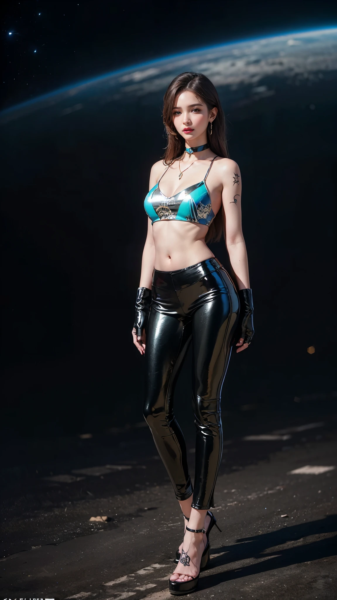 ((masterpiece:1.4)、(Highest quality:1.4)、(Realistic:1.7))、Masterpiece:1.4、(Top-notch rendering:1.4)、(Space Federation 3WA Special Agency Female Officer:1.4)、Super Beautyエージェント、(By Luis Royo:1.4)、Ready your gun?:1.2、(Futuristic sci-fi battle fashion:1.2)、(Street Style Wear)、(Tight Fit Pants)、(Shiny luxury latex:1.4)、(Luxury Red Latex:1.4)、22 years old、(Cute Tattoos:1.4)、(Wearing black gloves)、Cute Girl、Super Beauty、(Seductive pose)、Sharp Focus、Portrait Photography:1.4、8K、Photorealistic images:1.4、(Perfect female body:1.4)、Perfect proportions、(Standing:1.4)、(Upper body shot:1.4)、Beautiful Face、Fearless look、Beautiful Eyes、(A girl with a beautiful body and slender abdominal muscles)、(Narrow waist:1.4)、(9-body proportions beautiful girl:1.4)、(A beautiful girl with long legs and a good figure:1.4)、Beautiful feet:1.2、(Long Hair:1.2)、Heavy makeup、Eyeshadow、Glow Eye、Glow Lip、Beautiful breasts、Large Breasts:1.2、sexy ass、(Standing facing forward:1.4)、Raw photo、Red lips、Red high heels:1.4、choker:1.4、necklace:1.4、Earrings:1.4、1 Screen Display:1.4、Beautiful night view of cyberpunk city:1.2