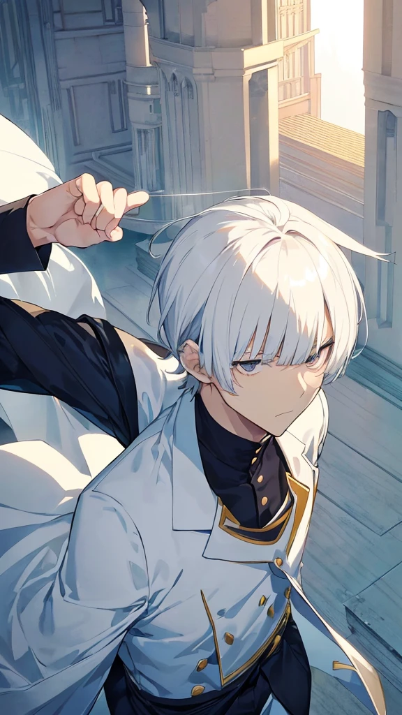 best quality,Japanese animation style 1adult male,solo,very short hair,Protruding hair,white hair,((((Up-bang and parted into seven thirds)))),hair slicked back,small eyes,slant eyes, white eyes,
stern expression,Tailcoat combat specifications based on white,folding one's arms,((castle room))
