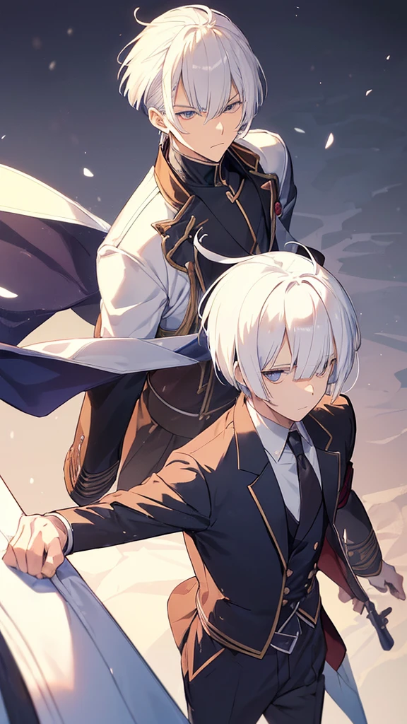 best quality,Japanese animation style 1adult male,solo,very short hair,Protruding hair,white hair,((((Up-bang and parted into seven thirds)))),hair slicked back,small eyes,slant eyes, white eyes,
stern expression,Tailcoat combat specifications based on white,folding one's arms,((castle room))