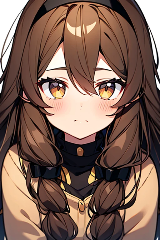 Create a teenager with long brown hair and wavi dd with a black headband and a thin brown plaid with big, honey-colored eyes.