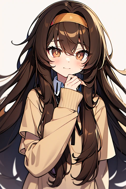 Create a teenager with long brown hair and wavi dd with a black headband and a thin brown plaid with big, honey-colored eyes.