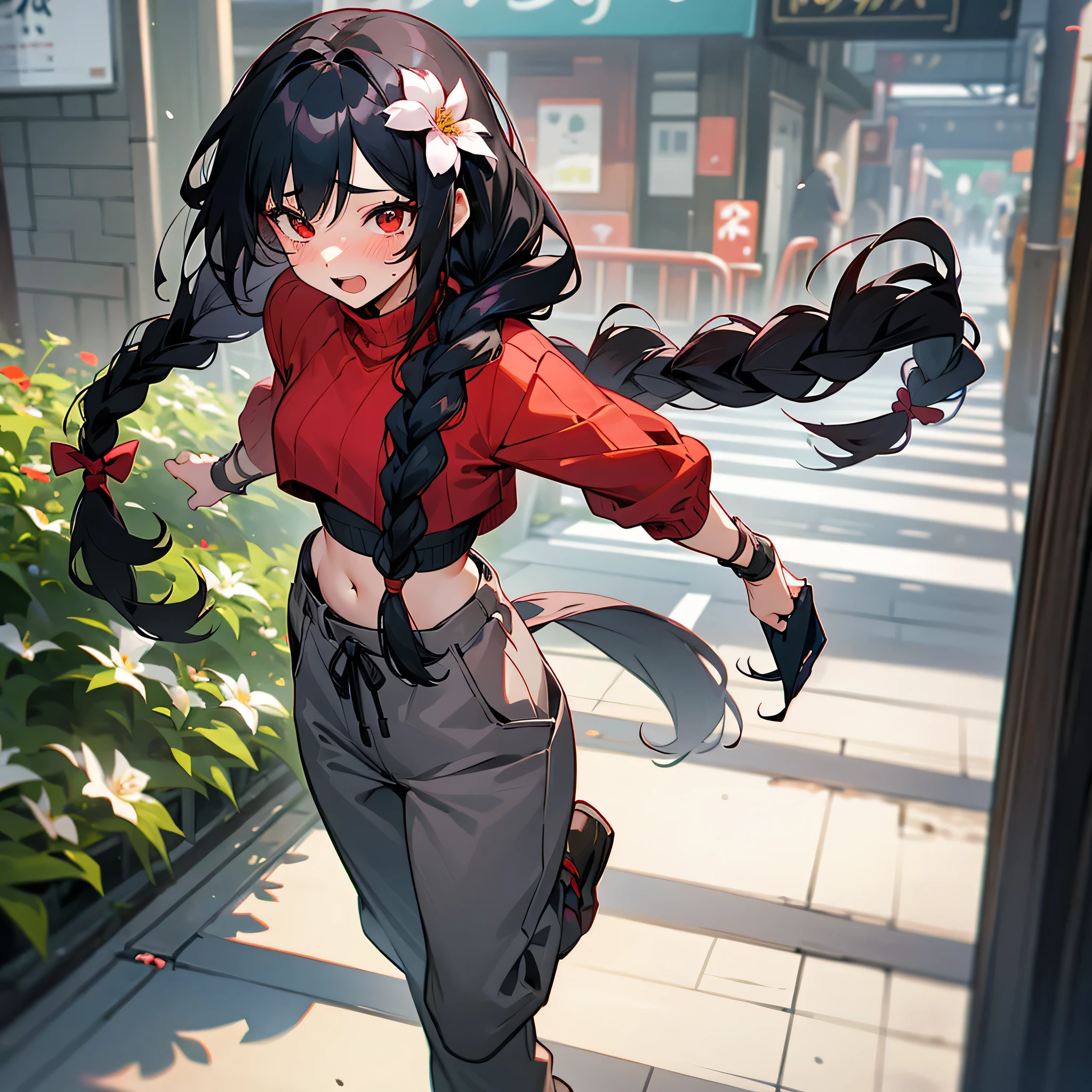 1female, sexy, young , finely detailed red eyes, wild long hair, braided hair, flower in hair, black hair color, crop top sweater, baggy pants, standing on streets, day time, tokyo streets, excited expression, flowers, blushing