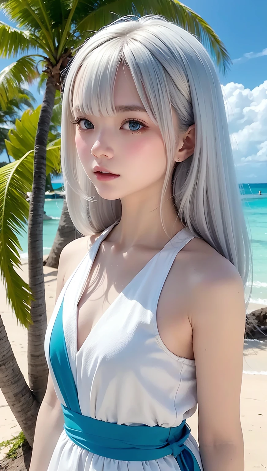 1 girl、 masterpiece, , 8k, Super detailed, 、because I&#39;thin、(flat body:1.34)、cute、downward 、, silver hair, blue eyes, detailed beautiful face, , ,very realistic photo, ,,((white sand beach、Palm tree、blue sea、blue sky、))、cowboy shot、Beach parasol、highest quality、ultra high resolution、