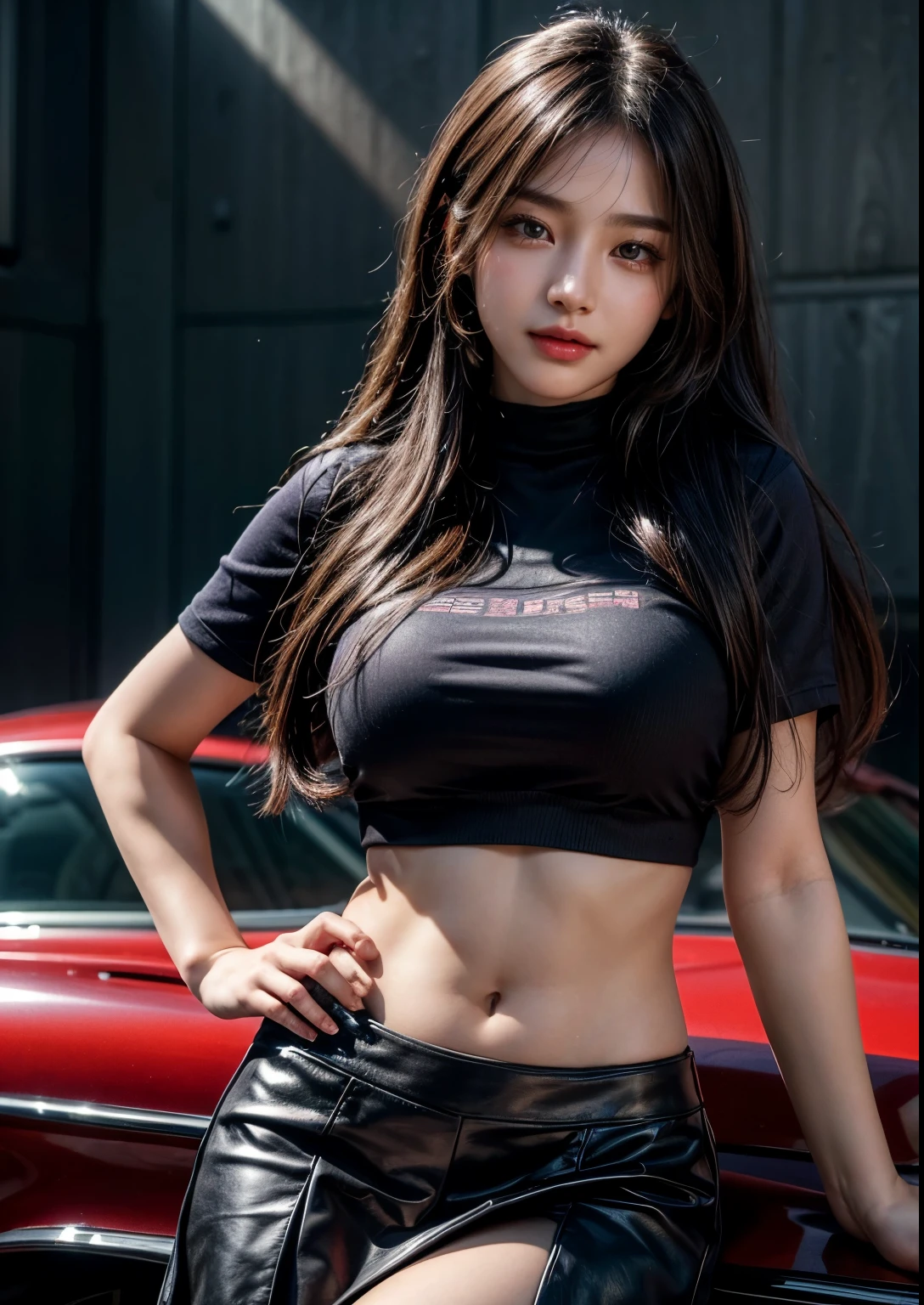 a beautiful Korean young college girl, (((20 years young girl))), detailed face with beautiful eyes and lips, long black hair, stylish hair, hair pin, romantic Eyes, beautiful eyes, smiley face, happy face, glow face, super round young breasts, ((romantic navel)), beautiful realistic knees, glow skin, bright skin, realistic skin, realistic smile, cutest smile, realistic body, one hand playing with hair, another hand on hip angle, Purple colour, college uniform, (uniform shirt), college bag, very big college classroom, desk, blackboard, students, youth skirt, detailed youth dress, stylish dress, stylish uniform, stylish skirt, stylish look, stylish angle, photorealistic, realistic, masterpiece, ultra-detailed,8k, (best quality,8k,highres,masterpiece:1.2),ultra-detailed,(realistic,photorealistic,photo-realistic:1.37), highly detailed, cinematic lighting, vibrant colors, warm tones, masterpiece,highres,warm lighting, vibrant colors, soft focus, elegant, cinematic, highly detailed, professional digital art, UHD, Ultra HD, ultra realistic, hyper realistic, ultra sharp, vivid, realistic atmosphere, Beautiful rally atmosphere in background, beautiful background, detailed background, hyper-detailed background, cinematic photography, award winning Photography, Very High Resolution picture quality, full-body shot,