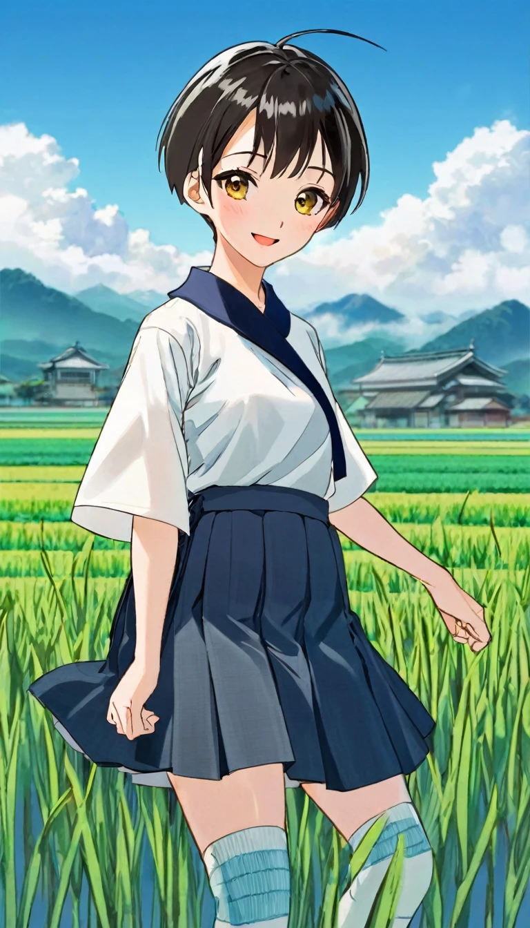 Generate an image of a rural father working in a rice field。
that time、Please observe the following characteristics:。

"""
Draw a simple anime-style character。The characters have the following characteristics:：

Hairstyle：The character has short black hair.、The bangs are cut straight。The hair is tied short at the back。
expression：The characters have big eyes and small noses.、smiling with mouth wide open。The white part of the eyes is large、The black eye is in the center。
clothing：The character wears a bright yellow collared shirt.、The sleeves are short。The shirt collar is orange、It&#39;s a striking design。
skirt：鮮やかなピンク色のフレアskirtを履いています。skirtは膝上までの長さで、It has a simple design。
socks：キャラクターは白いsocksを履いています。socksはふくらはぎまでの高さで、It&#39;s simple and plain。
Pause：The character spreads his right hand to the side.、The left hand is extended slightly downwards.。Feet are standing together、Gives an overall lively and energetic impression。
Use of color：キャラクターのUse of colorは非常に明るく、Shirt yellow、skirtのピンク、socksの白が鮮やかに描かれています。The lines are black、It has a clear outline。
background：backgroundは白で、Nothing is drawn to highlight the characters.。The focus is on the characters themselves.。
The overall design of the character is simple.、はっきりとした線と明るいUse of colorで描かれています。The design is friendly、I&#39;m conscious of the anime style aimed at children.。
"""