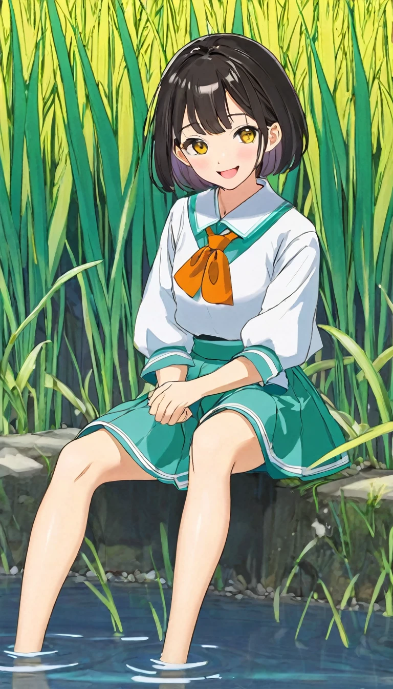 Generate an image of a rural father working in a rice field。
that time、Please observe the following characteristics:。

"""
Draw a simple anime-style character。The characters have the following characteristics:：

Hairstyle：The character has short black hair.、The bangs are cut straight。The hair is tied short at the back。
expression：The characters have big eyes and small noses.、smiling with mouth wide open。The white part of the eyes is large、The black eye is in the center。
clothing：The character wears a bright yellow collared shirt.、The sleeves are short。The shirt collar is orange、It&#39;s a striking design。
skirt：鮮やかなピンク色のフレアskirtを履いています。skirtは膝上までの長さで、It has a simple design。
socks：キャラクターは白いsocksを履いています。socksはふくらはぎまでの高さで、It&#39;s simple and plain。
Pause：The character spreads his right hand to the side.、The left hand is extended slightly downwards.。Feet are standing together、Gives an overall lively and energetic impression。
Use of color：キャラクターのUse of colorは非常に明るく、Shirt yellow、skirtのピンク、socksの白が鮮やかに描かれています。The lines are black、It has a clear outline。
background：backgroundは白で、Nothing is drawn to highlight the characters.。The focus is on the characters themselves.。
The overall design of the character is simple.、はっきりとした線と明るいUse of colorで描かれています。The design is friendly、I&#39;m conscious of the anime style aimed at children.。
"""