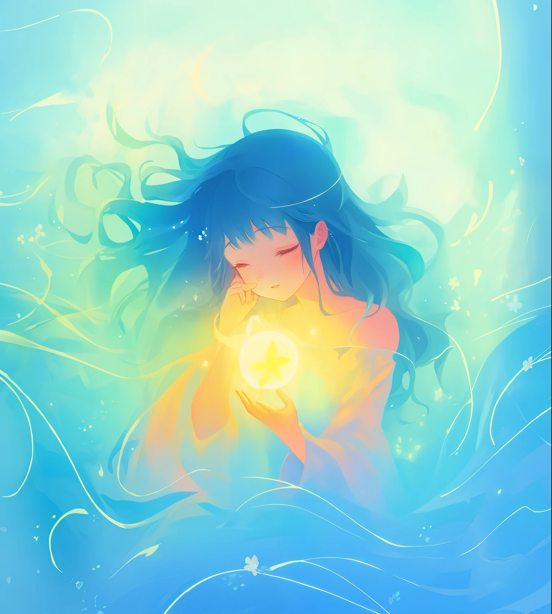 beautiful girl surrounded by liquid light, long wavy blue hair, watercolor illustration, inspired by Glen Keane, inspired by Lois van Baarle, disney art style, by Lois van Baarle, glowing aura around her, by Glen Keane, jen bartel, glowing lights! digital painting, flowing glowing hair, glowing flowing hair, beautiful digital illustration, fantasia otherworldly landscape plants flowers, beautiful, masterpiece, best quality, anime disney style