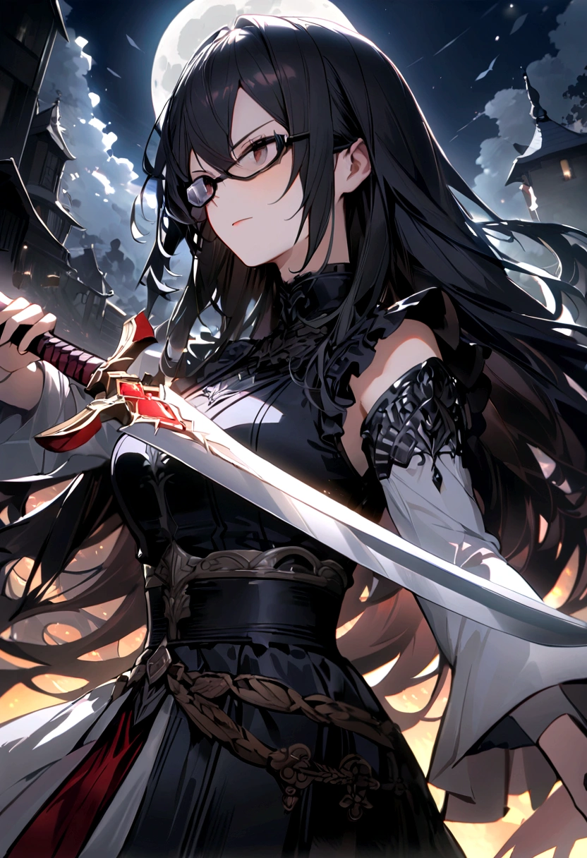 full moon, とても大きなfull moon、 A woman with long hair holds a sword and glares at her opponent, Hatred face closeup、Fantasy、masterpiece, Highest quality, night, , , Imagination、Narrative、Impressive work、Fantasyなfull moonと雲のコラボレーション、4ｋ、beautiful、非常にbeautiful、beautifulことが一番