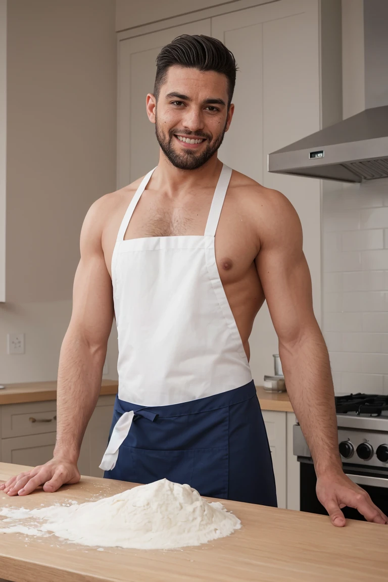 Real image of a Turkish model man with short black hair athletic body looking towards the camera, shady beard cut, with a slight smile, shirtless, wearing white boxers and an apron. Kneading a dough on a table with flour in the kitchen, window light.