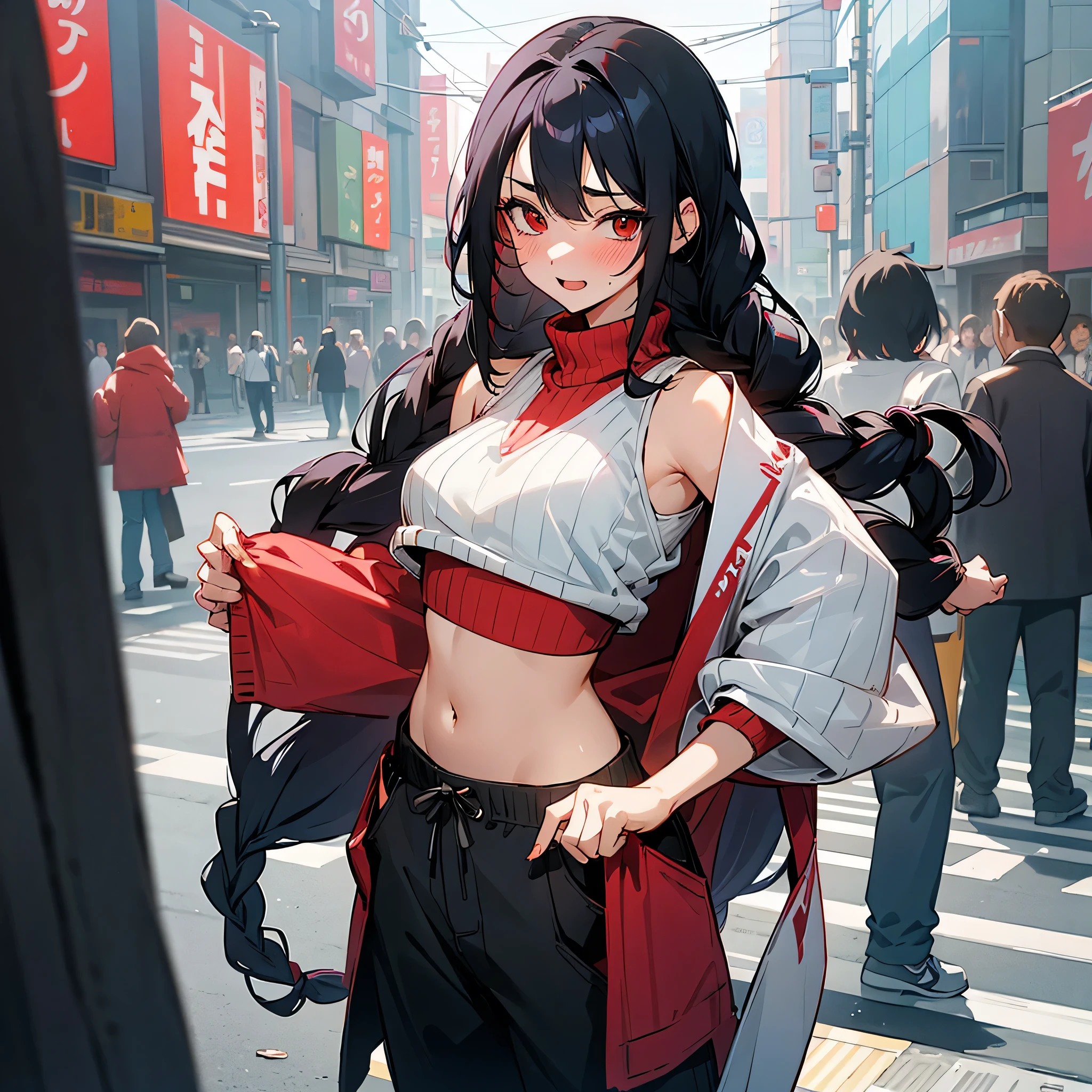 1female, sexy, , finely detailed red eyes, wild long hair, braided hair, black hair color, crop top sweater, baggy pants, standing on streets, day time, tokyo streets, excited expression, flowers, blushing