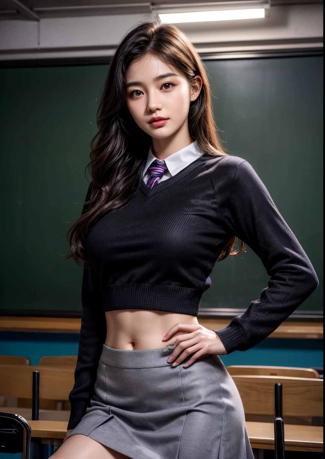 a beautiful Korean young college girl, (((20 years young girl))), detailed face with beautiful eyes and lips, long black hair, stylish hair, hair pin, romantic Eyes, beautiful eyes, smiley face, happy face, glow face, super round young breasts, ((romantic navel)), beautiful realistic knees, glow skin, bright skin, realistic skin, realistic smile, cutest smile, realistic body, one hand playing with hair, another hand on hip angle, Purple colour, college uniform, (uniform shirt), college bag, very big college classroom, desk, blackboard, students, youth skirt, detailed youth dress, stylish dress, stylish uniform, stylish skirt, stylish look, stylish angle, photorealistic, realistic, masterpiece, ultra-detailed,8k, (best quality,8k,highres,masterpiece:1.2),ultra-detailed,(realistic,photorealistic,photo-realistic:1.37), highly detailed, cinematic lighting, vibrant colors, warm tones, masterpiece,highres,warm lighting, vibrant colors, soft focus, elegant, cinematic, highly detailed, professional digital art, UHD, Ultra HD, ultra realistic, hyper realistic, ultra sharp, vivid, realistic atmosphere, Beautiful rally atmosphere in background, beautiful background, detailed background, hyper-detailed background, cinematic photography, award winning Photography, Very High Resolution picture quality, full-body shot,