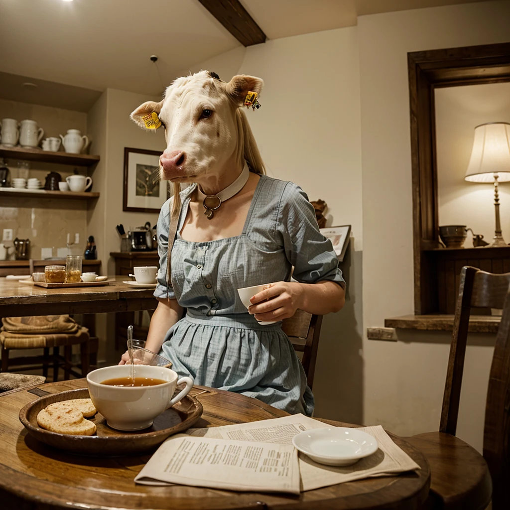 A cow sitting at a table and drinking a cup of tea, style like Alice in Wonderland