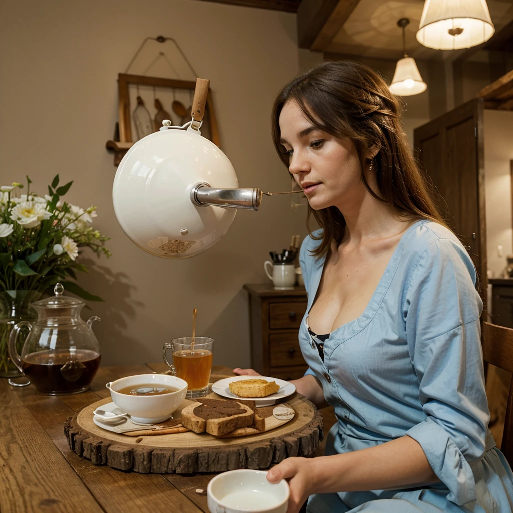 A cow sitting at a table and drinking a cup of tea, style like Alice in Wonderland