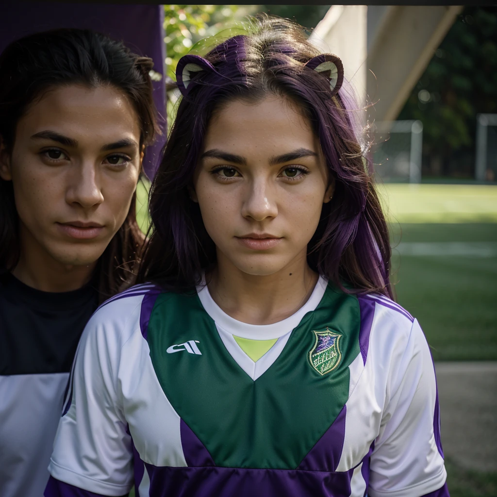 Flayer for soccer call purple, white and green colors where purple stands out, the academy mascot the face of a lion