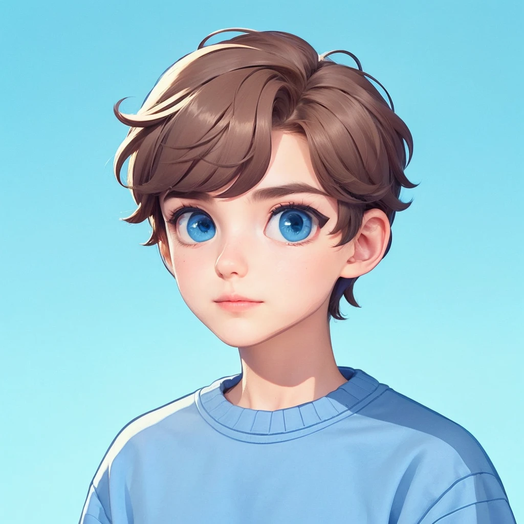 Create illustrations from a full-length photo (at least up to the waist) of a European character, male. The character must wear a baby blue sweatshirt without a hood, brownhair, blue eyes and ideal weight. The character must be pointing to the side or looking forward