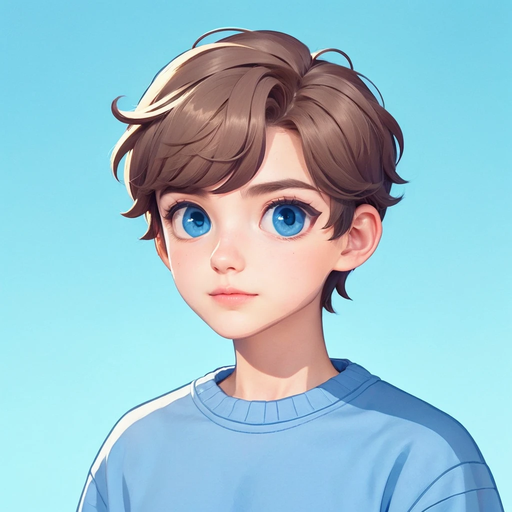 Create illustrations from a full-length photo (at least up to the waist) of a European character, male. The character must wear a baby blue sweatshirt without a hood, brownhair, blue eyes and ideal weight. The character must be pointing to the side or looking forward