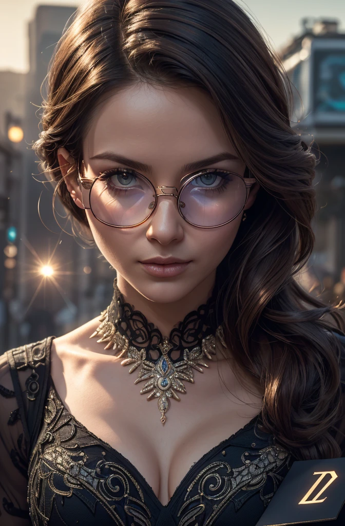 a facial portrait of a ((spy using glasses to take pictures)) working on a secret computer labratory, an elegant, exquisite beautiful female spy, dynamic hair color, dynamic hair style, (wearing elegant intricate details glasses: 1.3), dynamic color glasses, dynamic style glasses, ((letter and numbers are seen on the glasses:1.6)), she wears an elegant, intricate detailed dress, silk dress , small cleavage, Vibrant, Ultra-high resolution, High Contrast, masterpiece:1.2, highest quality, Best aesthetics), best details, best quality, highres, ultra wide angle, 16k, [ultra detailed], masterpiece, best quality, (extremely detailed), Genetically modified..., Cinematic Hollywood Film, lens flare style