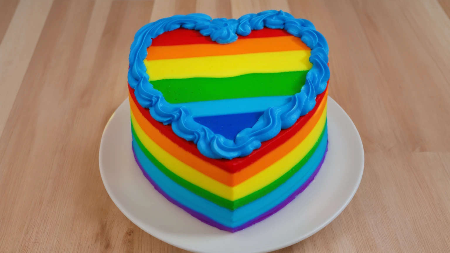 on a wooden table, there is a rainbow cake in the shape of a heart, top blue cream wave, cream texture, Realistic style, realistic texture, bright lighting, high quality, detailed texture, Beautiful light from the window, beautiful lighting, high detail, ultra 4k hd, super clear photo without blur