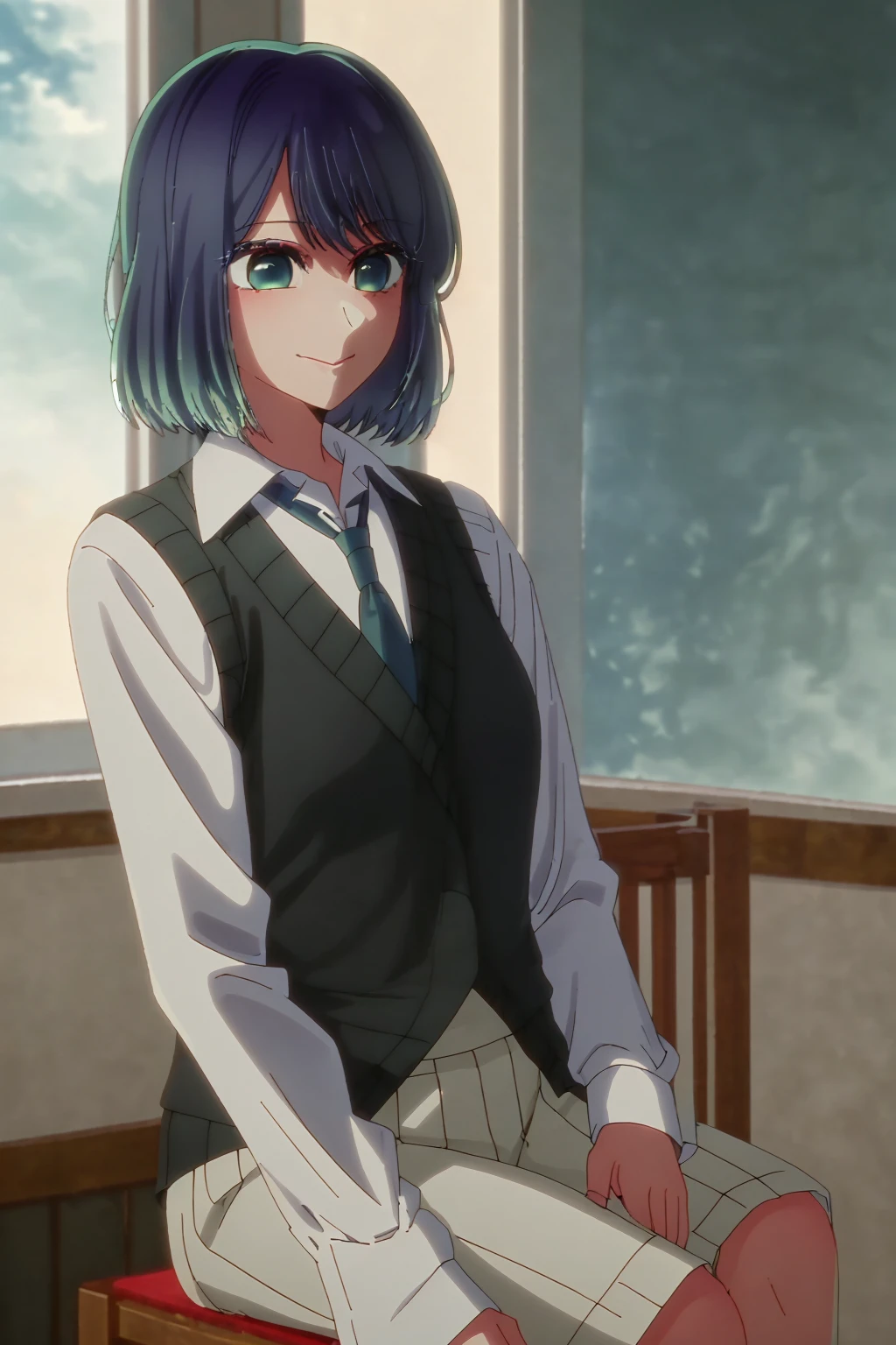 best quality, masterpiece, 1 girl, alone, beautiful, detailed eyes, shirt, blue tie, blue hair, white shirt, long sleeves, medium hair, collared shirt, vest, indoors, , bangs, vest, closed mouth , smile, green eyes, multicolored hair, black vest, short hair, bleached hair, blue eyes, sitting in a chair, classroom