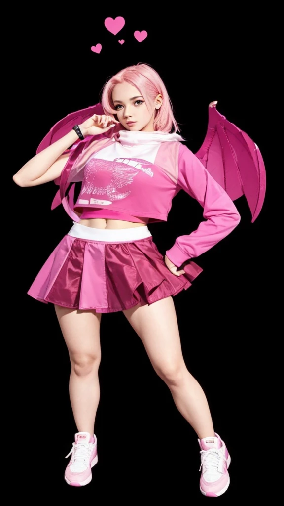 A beautiful girl in full body, wearing a pink cropped top, with pink wings, with a short pink skirt, straight pink hair, with pink sneakers.