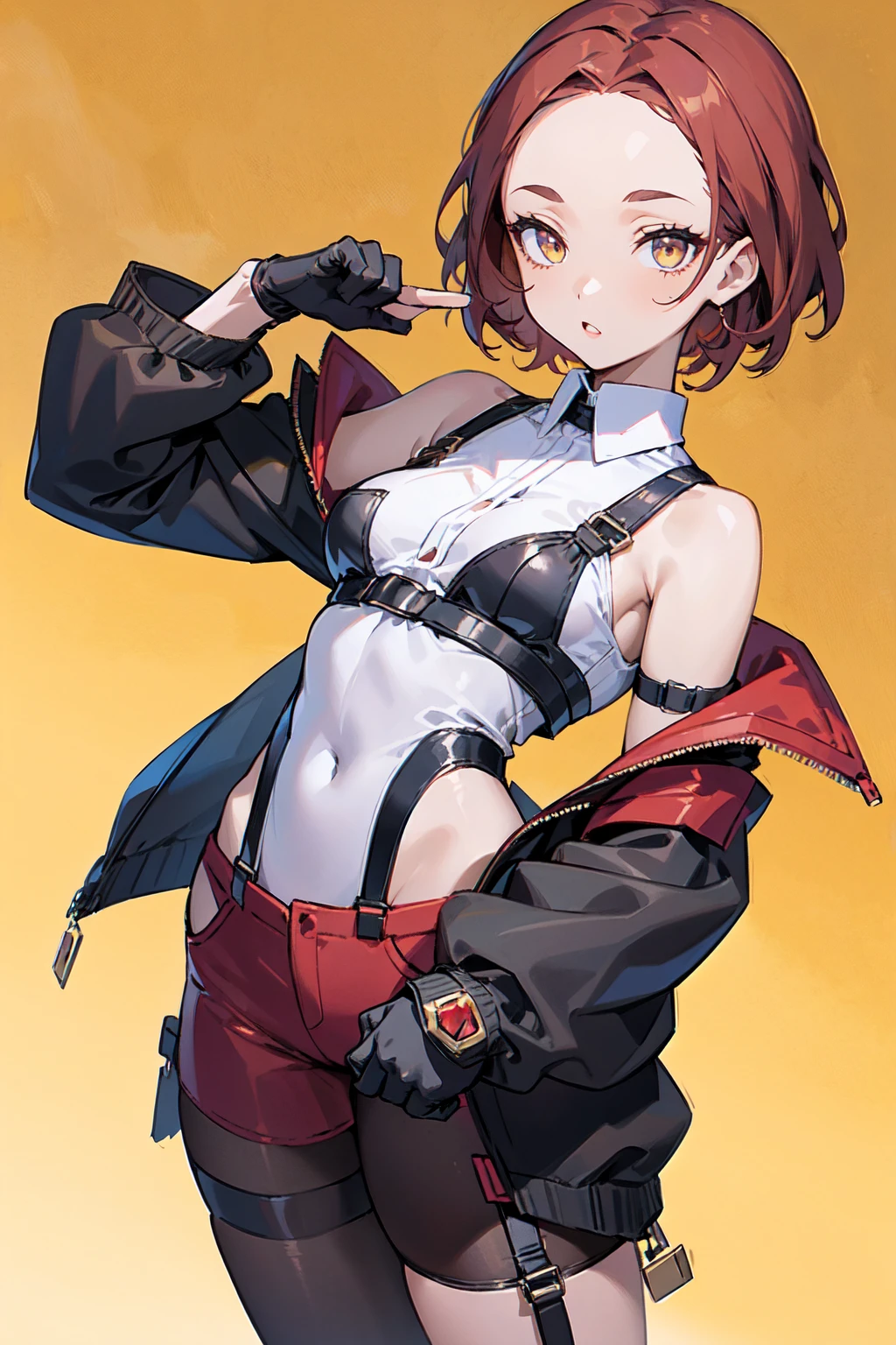 1girl, young woman, solo, short hair, Small  hair, (forehead:1.2), yellow eyes, sharp ocular posture, (scarlet red hair), light brown skin tone, Athletic, muscular, medium breasts, (cropped jacket, black jacket), white shirt, collared shirt, (chest harness, shoulder strap:1.15), black leather shorts, pantyhose 7/8, garter belt, gloves, elegant, looking at viewer, standing, mustard color background, masterpiece, best quality, 4k