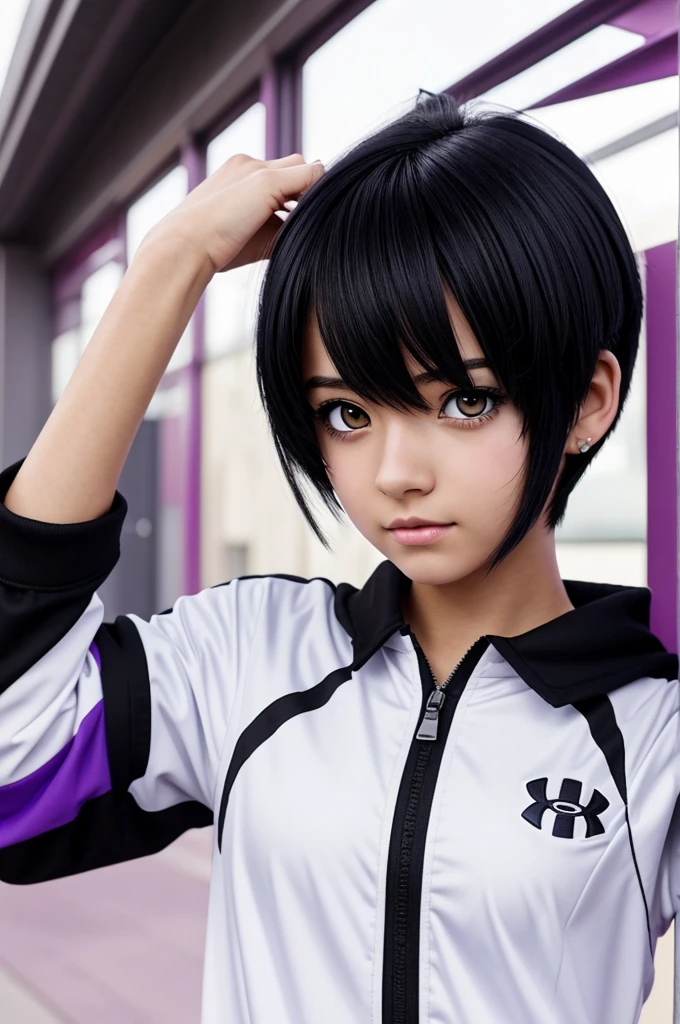 An anime style girl, dressed in the UA uniform from my hero academia, with black hair with a white streak, the haircut is tomboy style, with black and purple eyes and a nose piercing