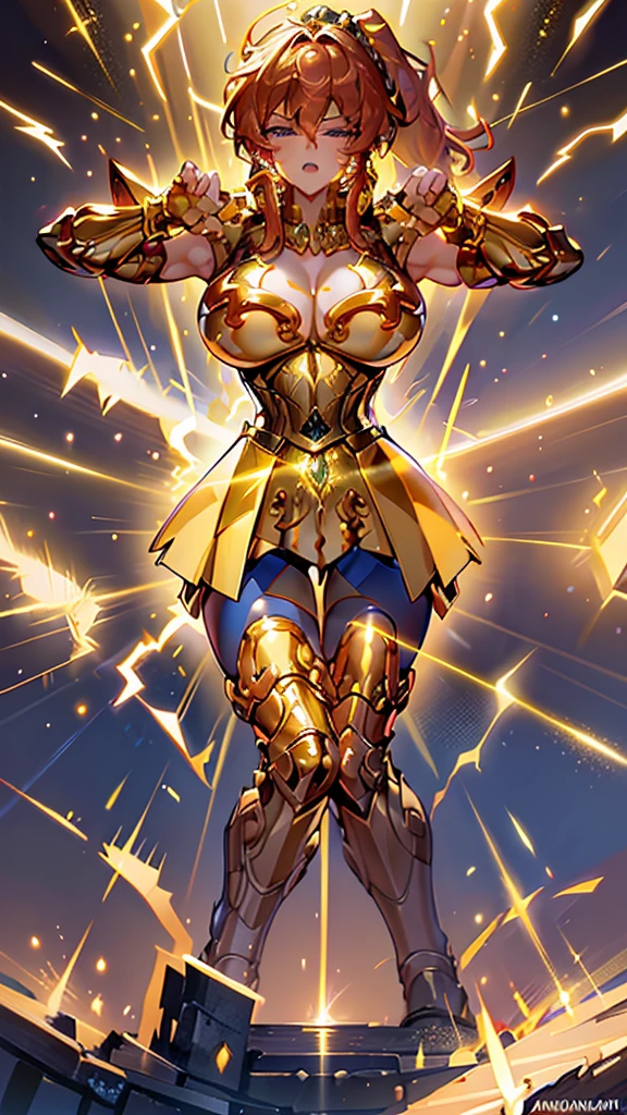 Gold Armor, 4K image, rallies, best quality, masterpiece, movie lighting ,Sexy,Large Breasts,Cleavage,action,In battle,cleavage,anger,noble,Light beams from hands,Golden lightning all around,red hair,ponytail hairstyle,Saint Seiya Leo Aiolia,Wink,lipstick