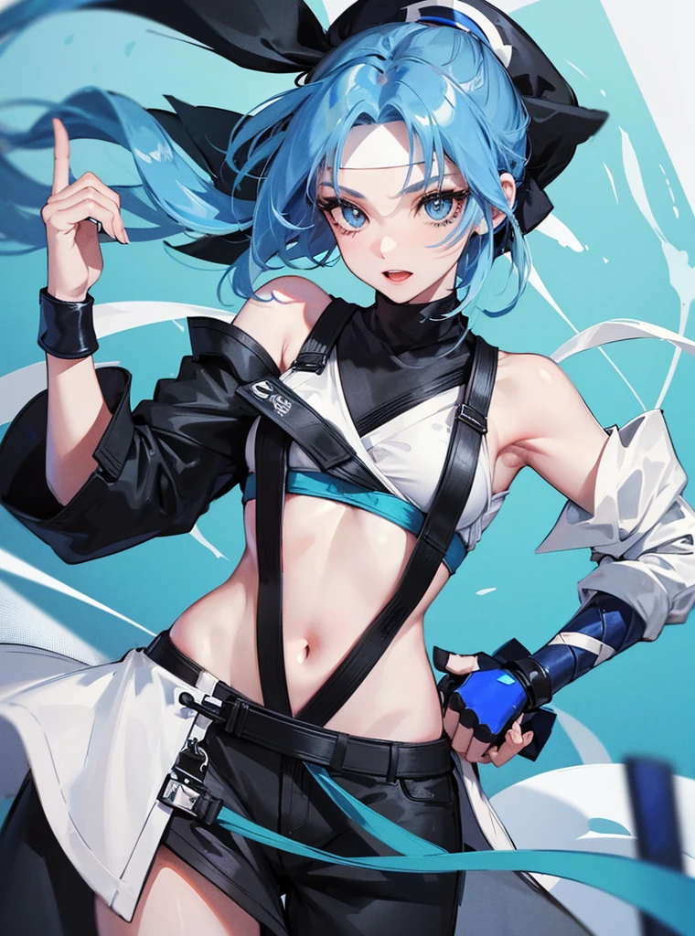 A girl with blue hair and long blue eyes with a happy face, her clothes are white ninja and black lines, she wears a bandana on her forehead. 