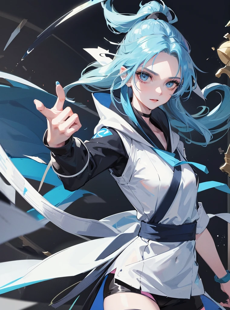 A girl with blue hair and long blue eyes with a happy face, her clothes are white ninja and black lines, she wears a bandana on her forehead.
