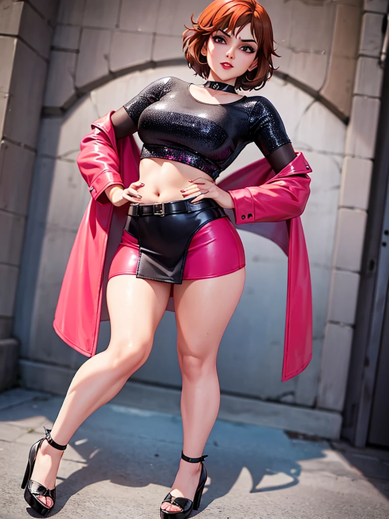 merula, pink high heels, red lipstick, tonified legs, leather mini skirt, full body, thighs, grey sequin top, belly