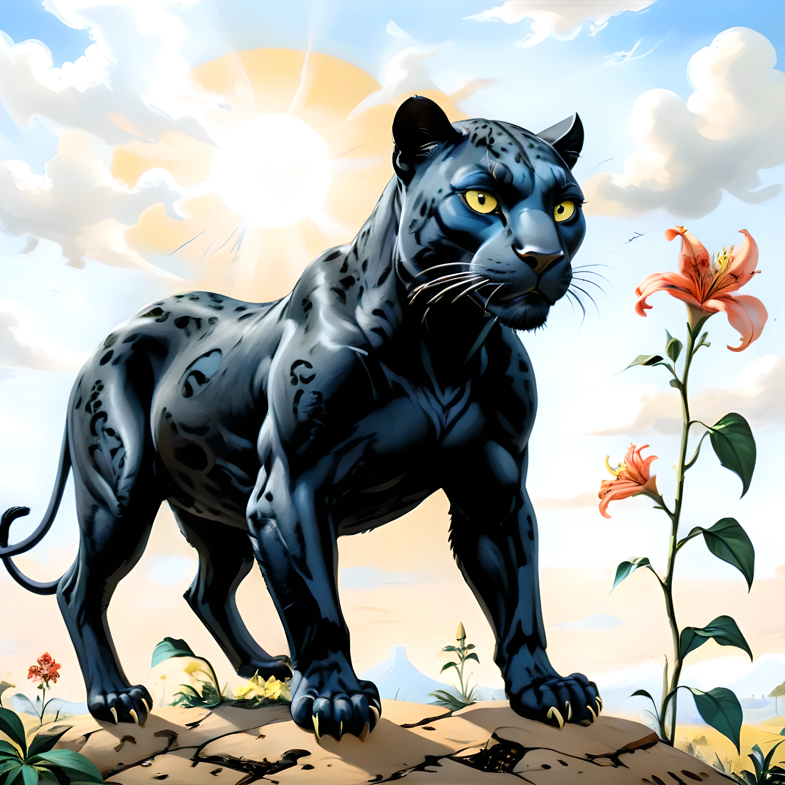 A realistic painting. A big black panther and behind a Lilium michiganense. it is a sunny day with a few clouds on the sky. ((Style salvador dali)))