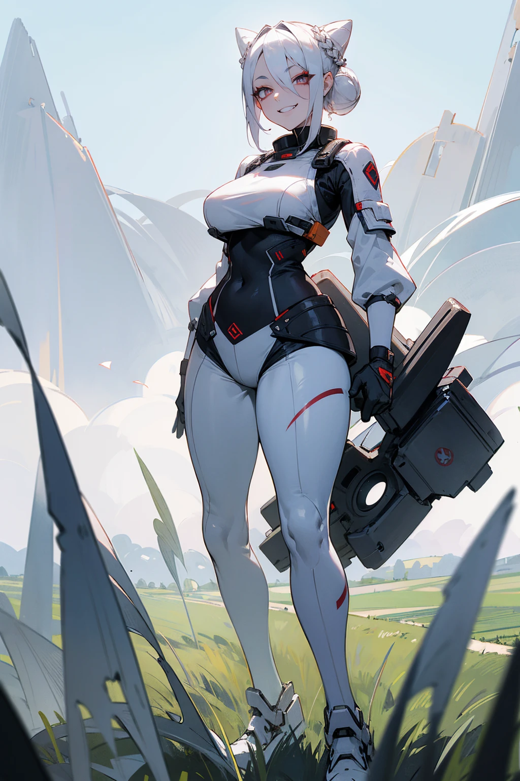 Masterpiece Quality, Perfect Generation, Sclera, Detailed Eyes, Skin, White Hair, Gray Eyes, Pale Skin, Field Background, Facing Viewer, Standing, , Female, Full Body, Yoga Clothing, , Hair In Buns, Attractive, Busty, Crazy Evil Grin, Curvy, Field Background