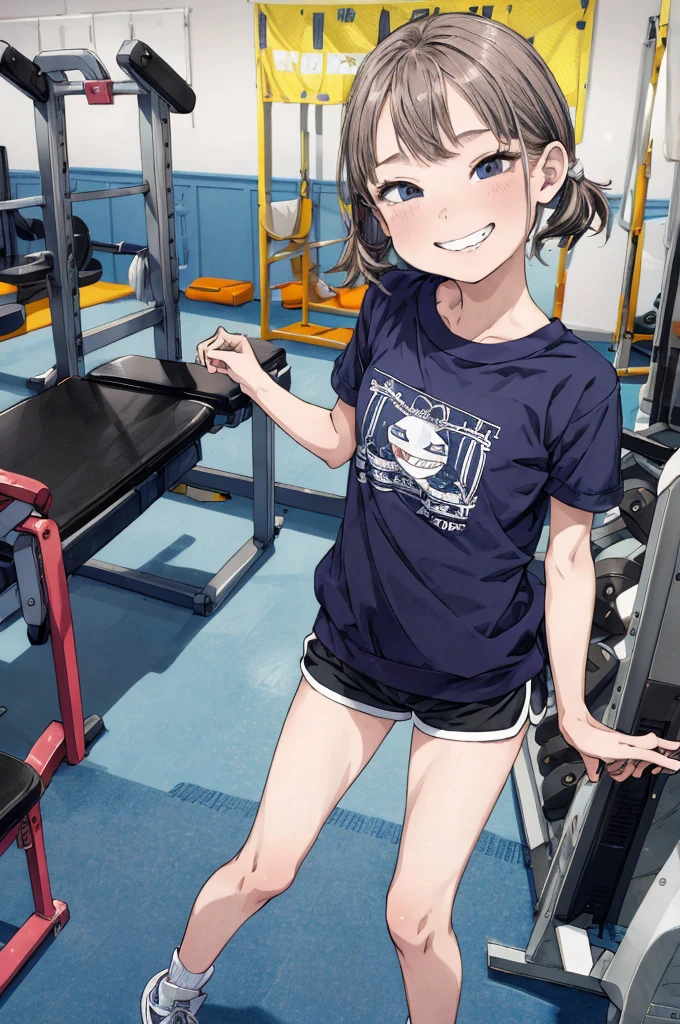 best quality, masterpiece, detailed,2d,flat color, 1girl,10yo,petit,grin,my room,,school gym shirts,school gym shorts