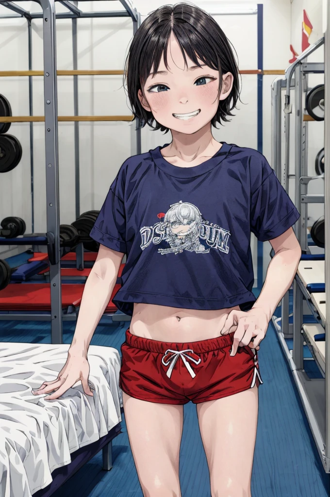 best quality, masterpiece, detailed,2d,flat color, 1girl,10yo,petit,grin,my room,,school gym shirts,school gym shorts