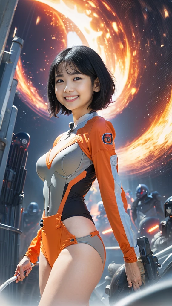 (8K、Raw photography、Highest quality、masterpiece:1.2),(Black Hair、Dark Eyes:1.9),(Plug Suit:1.6)、View your audience,Viewed from the front,White skin,(short hair:1.4)、(Tight waist:1.6)、(Clothes that accentuate the shape of the breasts:1.0)、(Big Breasts :1.3)、Slim figure、Ultra-high resolution,beautiful,beautiful fece,(One person、No background:1.9),whole bodyボディー,Japanese women,(reality的:1.37)、Photon Mapping,reality、(Baby-faced and cute: 1.4)、(Cute Smile: 1.8)、(Round face: 1.8)、Radio City、Physically Based Rendering、Depth of field rally background、photograph, (I can see your knees、Thigh close-up:1.8),(:1.6),whole body、Great quality