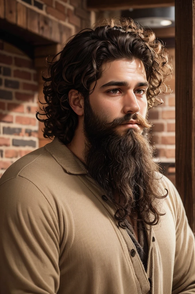 A man with curly hair and a full beard, with a serene and reflective expression. Your eyes are observant and convey calm and depth. It is in a rustic and cozy environment, with an exposed brick background, which adds a simple charm to your presence.