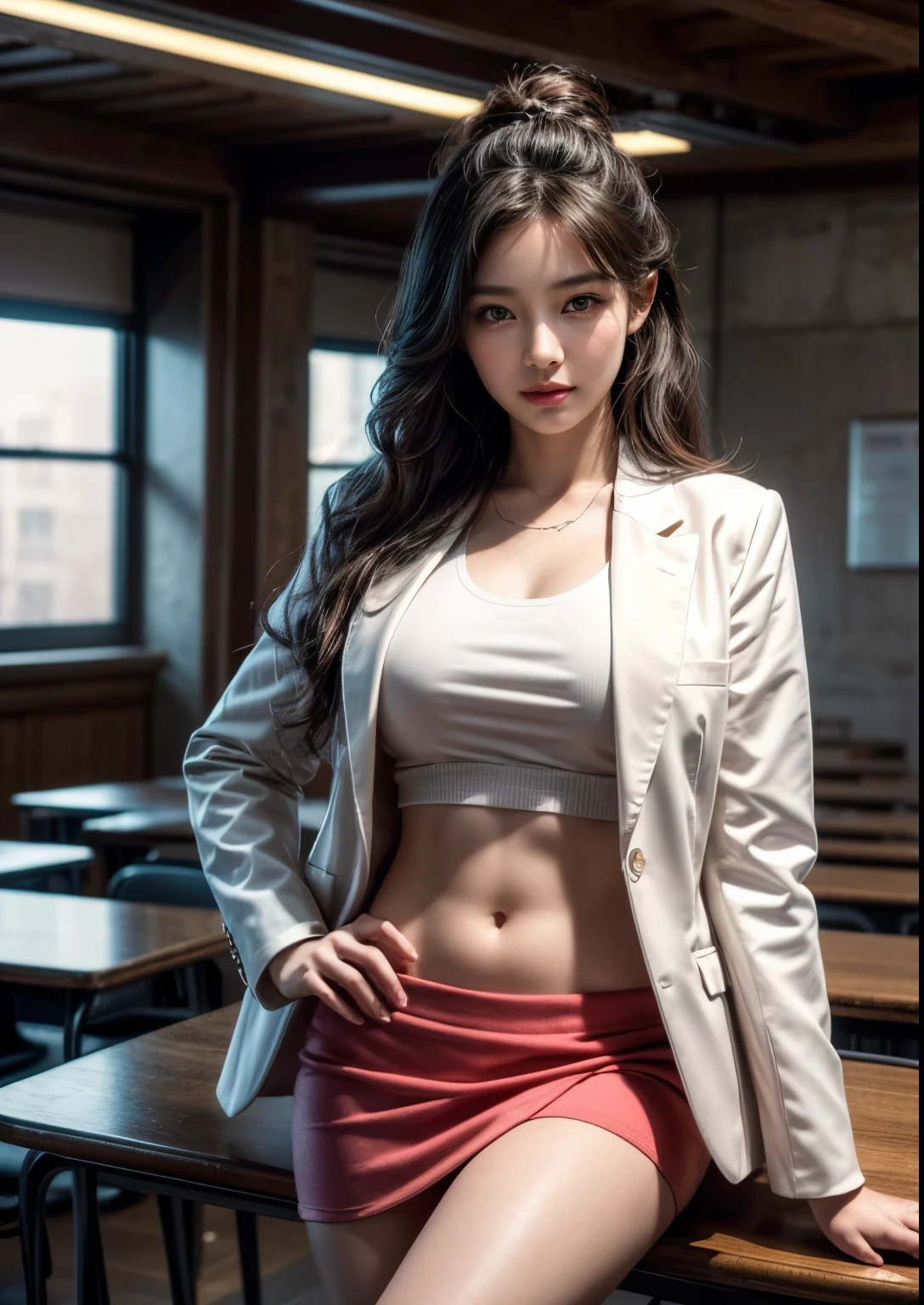 a beautiful Korean young college girl, (((20 years young girl))), detailed face with beautiful eyes and lips, long black hair, stylish hair, hair pin, romantic Eyes, beautiful eyes, smiley face, happy face, glow face, super round young breasts, ((romantic navel)), beautiful realistic knees, glow skin, bright skin, realistic skin, realistic smile, cutest smile, realistic body, one hand playing with hair, another hand on hip angle, Pink colour college uniform, (uniform blazer), detailed uniform blazer, luxury blazer, college bag, very big college classroom, desk, blackboard, students in background, youth skirt, stylish uniform, stylish skirt, stylish look, stylish angle, photorealistic, realistic, masterpiece, ultra-detailed,8k, (best quality,8k,highres,masterpiece:1.2),ultra-detailed,(realistic,photorealistic,photo-realistic:1.37), highly detailed, cinematic lighting, vibrant colors, warm tones, masterpiece,highres,warm lighting, vibrant colors, soft focus, elegant, cinematic, highly detailed, professional digital art, UHD, Ultra HD, ultra realistic, hyper realistic, ultra sharp, vivid, realistic atmosphere, Beautiful rally atmosphere in background, beautiful background, detailed background, hyper-detailed background, cinematic photography, award winning Photography, Very High Resolution picture quality, full-body shot,